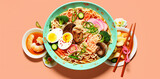 a bowl of ramen noodles,  with eggs and meat illustration, light vibrant background wallpaper