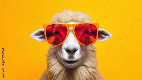 Potrait of sheep wearing a bright color sunglasses over a yellow background with copy space.