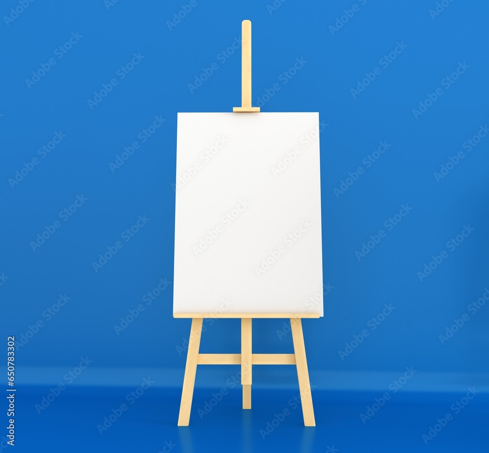 Wooden easel with blank canvas on light background. Space for text. Wooden easel with free space ready for your advertisements and presentations. Wooden easel with blank canvas on light background. Space for text. Wooden easel with free space ready for your advertisements and presentations.