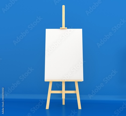 Wooden easel with blank canvas on light background. Space for text. Wooden easel with free space ready for your advertisements and presentations.
