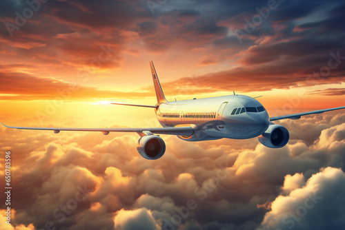 airplane flying above the clouds at sunset