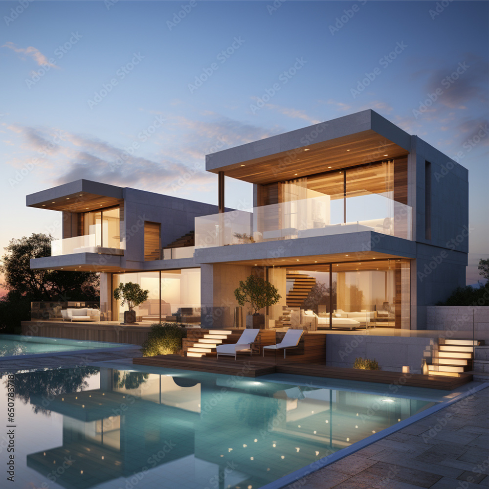 Exterior of modern one - story house minimalist cubic villa with swimming pool at sunset