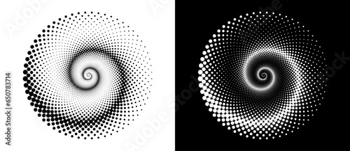 Circle with halftone black dots as advertising background or logo or icon. A black figure on a white background and an equally white figure on the black side.