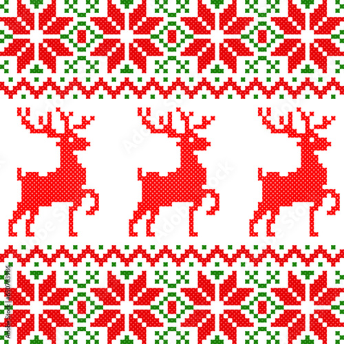 seamless pattern with christmas reindeer. tribal pattern. local fabric pattern. pixel pattern. cross stitch