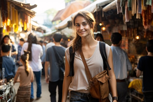 a beautiful female tourist exploring a busy market, ai generated