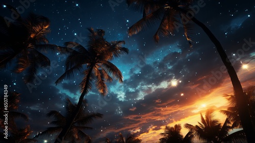 Starry sky on the beach summer coconut palms
