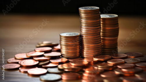 Close up of coins on table. Stock market financial concept.