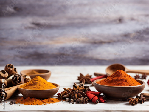 spices over white wooden table background. Backdrop with copy space