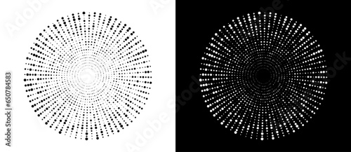 Circle with halftone black dots as advertising background or logo or icon. A black figure on a white background and an equally white figure on the black side.