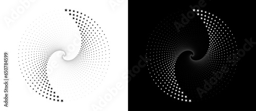 Abstract background with stars in circle. Art design spiral as logo or icon. A black figure on a white background and an equally white figure on the black side.