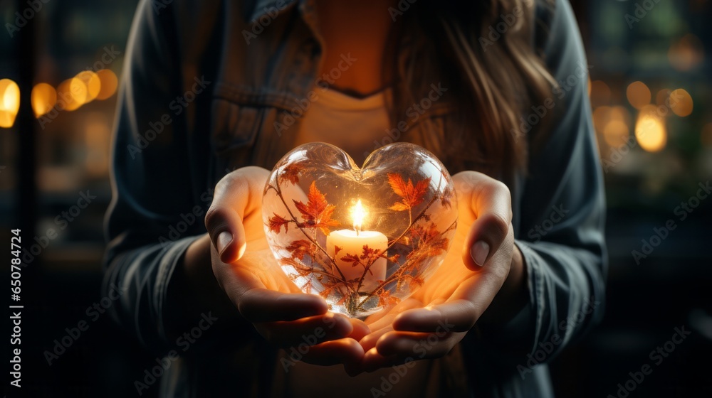 Hands holding a heart with rays of light
