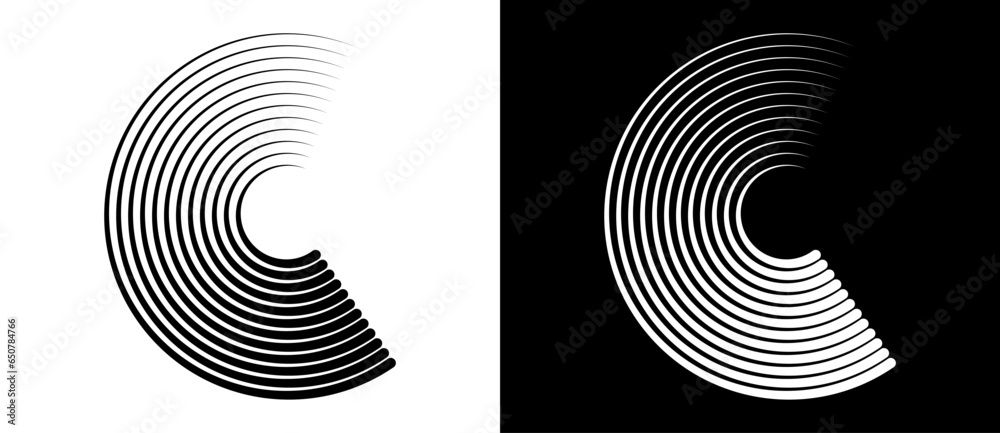Abstract background with lines in circle. Art lines design spiral as logo or icon. Black lines on a white background and white lines on the black side. - obrazy, fototapety, plakaty 