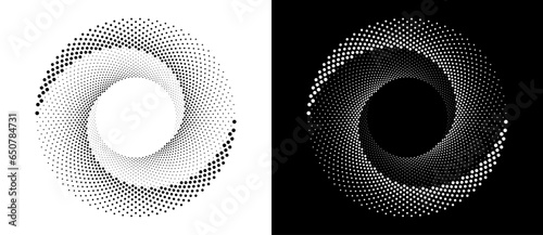 Circle with halftone black dots as advertising background or logo or icon. A black figure on a white background and an equally white figure on the black side.