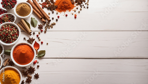 spices over white wooden table background. Backdrop with copy space