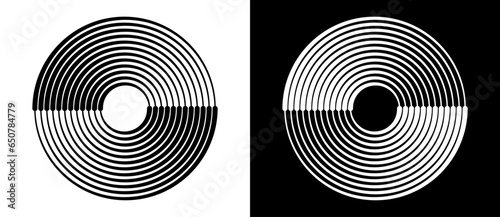 Abstract background with lines in circle. Art lines design spiral as logo or icon. Black lines on a white background and white lines on the black side.