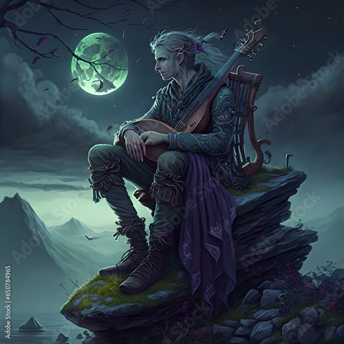 a beautiful illustration of a cute but sad halfelf sitting on the top of a mossy rock He have long helf thet cover a part of him face He have dark luxurious but dilapidated clothes He is playing on 