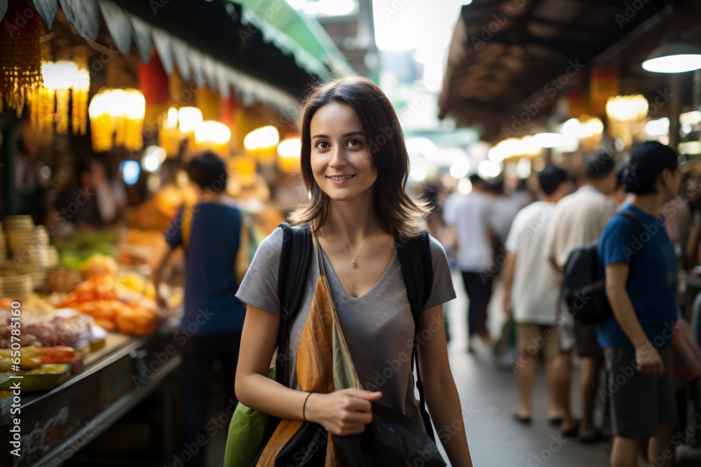 a beautiful female tourist exploring a busy market, ai generated