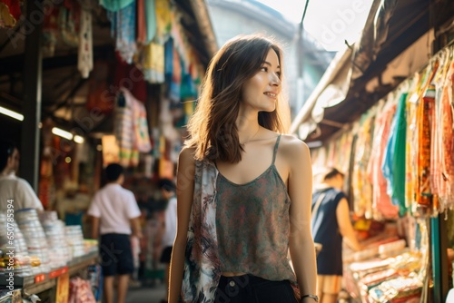 a beautiful female tourist exploring a busy market, ai generated