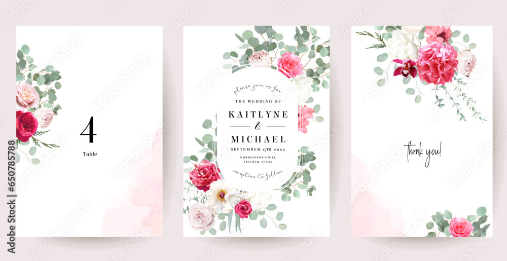 Silver sage green and trendy barbie pink flowers vector design frames. Rose, white peony, orchid, hydrangea, ranunculus