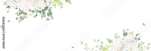 Beige dahlia, white peony, magnolia, blush ranunculus, eucalyptus, greenery, fern vector design frame.