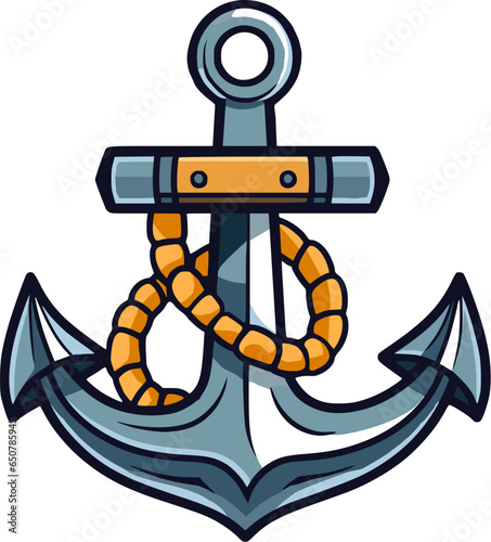 Anchor emblem with colorful steel and rope. Iron ship anchor sign or icon.