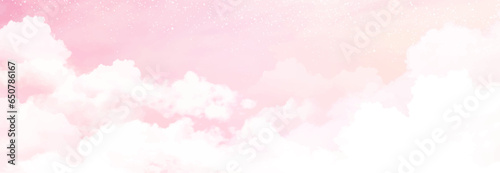 Sugar cotton pink clouds vector design background. Glamour fairytale backdrop. Plane sky view with stars and sunset