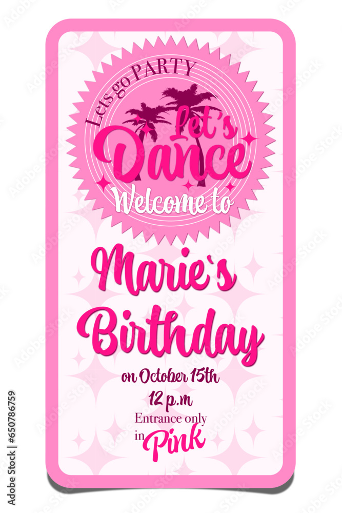 happy birthday party invitation card with pink background. Lets Dance party