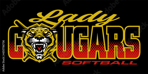 lady cougars softball team design with mascot head and crossed bats for school, college or league sports