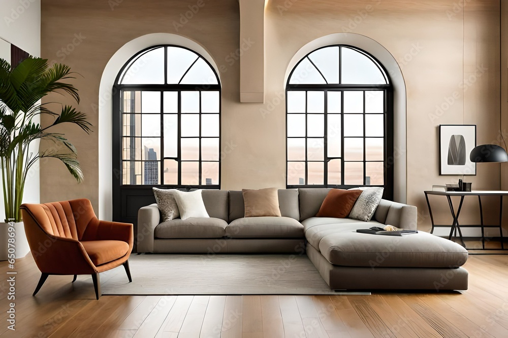 Minimalist home interior design of modern living room. Curved sofa against arched window near beige Minimalist home interior design of modern living room. Curved sofa against arched window near beige
