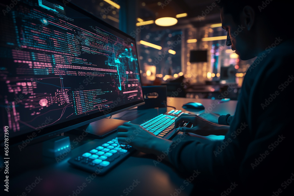 Young girl programmer writing code on the keyboard in the office space at night Young girl programmer writing code on the keyboard in the office space at night