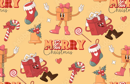 Fototapeta Naklejka Na Ścianę i Meble -  Groovy Hippie Retro Merry Christmas festive seamless pattern with gifts, socks,  candies, bells,  and text. Digital paper repeating background for wrapping paper, stationery, wallpaper.