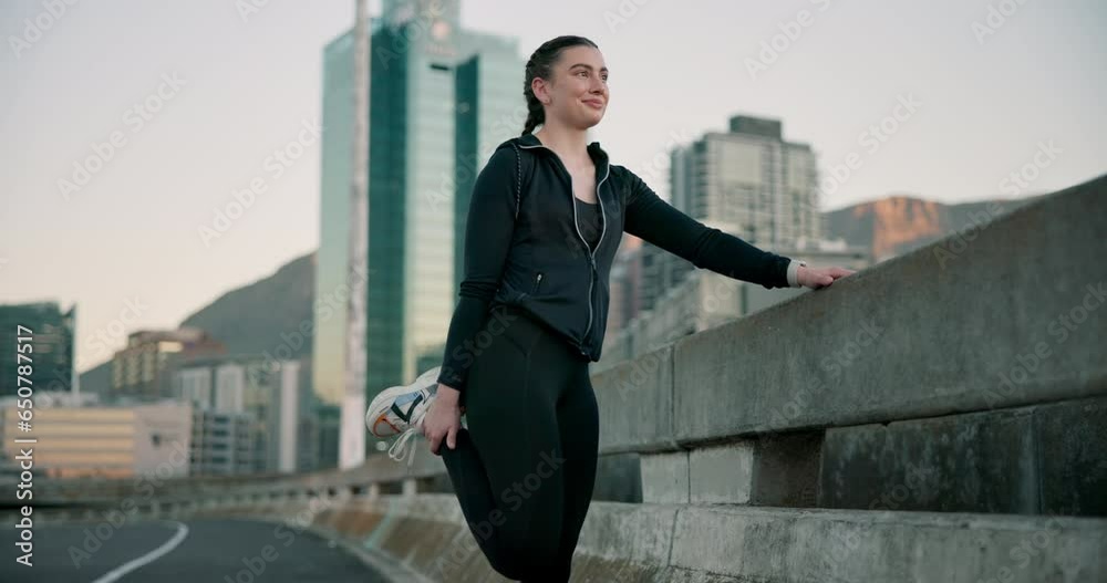 Exercise, woman and stretching legs outdoor in the city for cardio, running or fitness with sportswear. Person, athlete and runner with feet warm up and ready for morning workout or training for body Exercise, woman and stretching legs outdoor in the city for cardio, running or fitness with sportswear. Person, athlete and runner with feet warm up and ready for morning workout or training for body