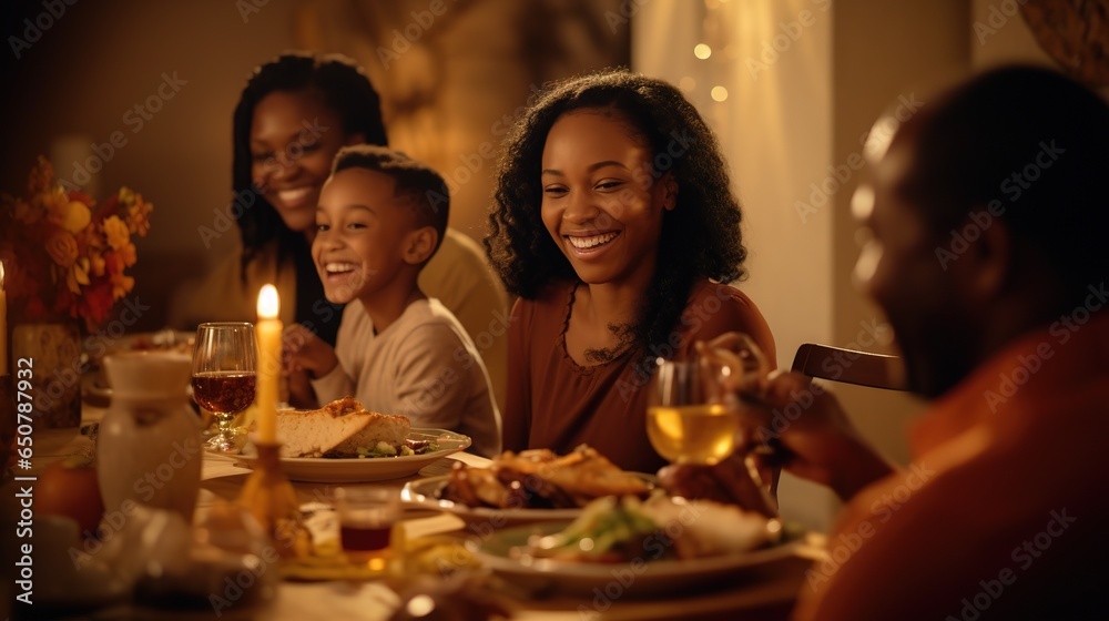 Mixed ethnic family having fun at the Thanksgiving table.