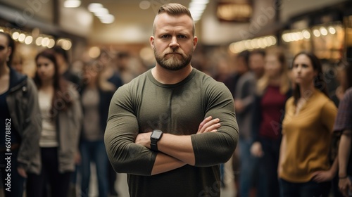 A large, handsome, pumped-up man, athletic build, large in size.
