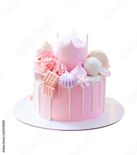 Princess pink cake with fondant crown  cotton candy  macarons  popsicles and ake pops on festive background
