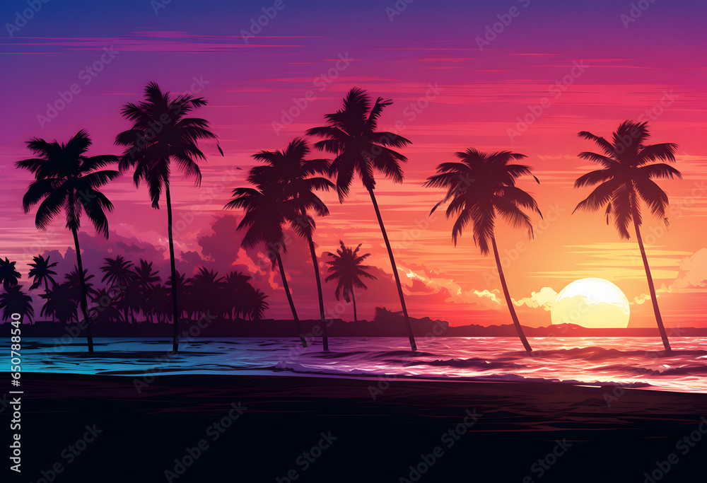 sunset on the beach with palm tree shilouettes