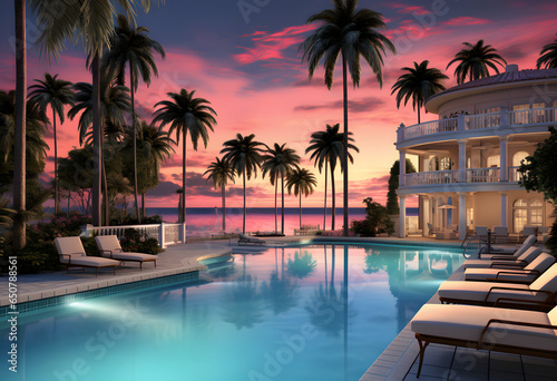 Stunning villa pool with palm trees pink sunset view luxury vacation