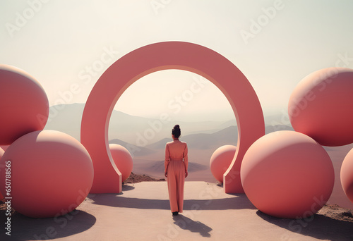 Obraz na plátně Woman in pink outfit standing in front of matching pink circle arch with hilltop view, art concept
