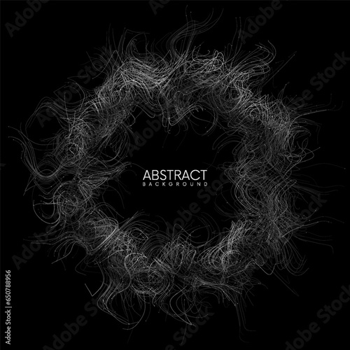 Abstract futuristic circle banner with noise turbulence randomly streaming thin lines. Artificial Intelligence concept, neural network, cyber circuit, fiber optics, big data. Vector illustration