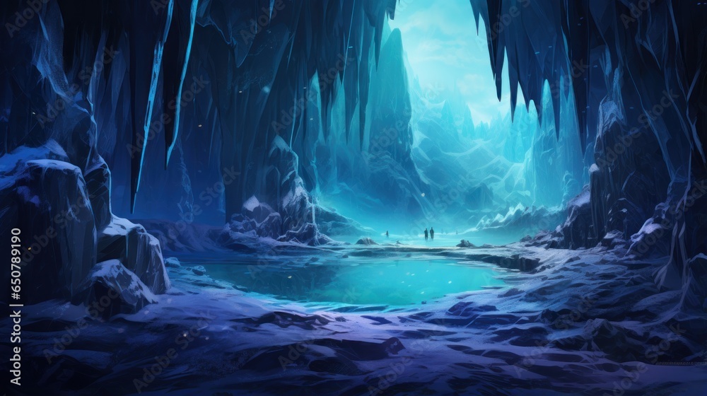 Fototapeta premium Glacial cavern deep within an icy mountain, with towering ice formations, bioluminescent ice crystals game art