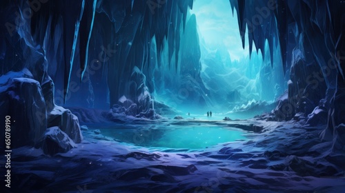 Glacial cavern deep within an icy mountain, with towering ice formations, bioluminescent ice crystals game art