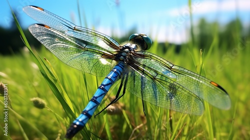 A vibrant blue dragonfly perched on a lush green field