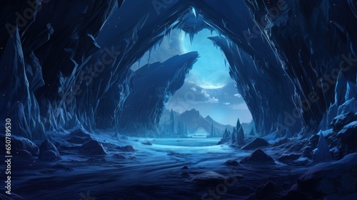 Glacial cavern deep within an icy mountain  with towering ice formations  bioluminescent ice crystals game art