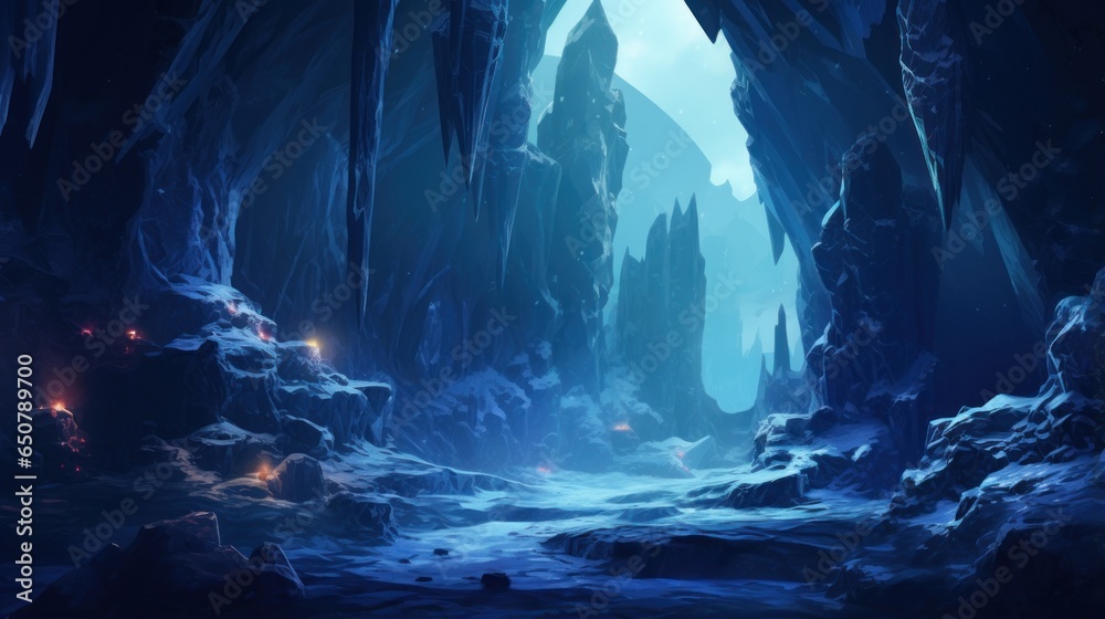 Glacial cavern deep within an icy mountain, with towering ice formations, bioluminescent ice crystals game art