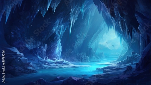 Glacial cavern deep within an icy mountain, with towering ice formations, bioluminescent ice crystals game art
