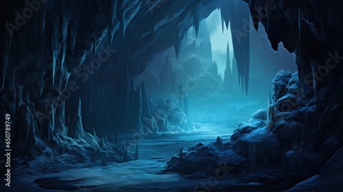Foto Glacial cavern deep within an icy mountain, with towering ice formations, biolum