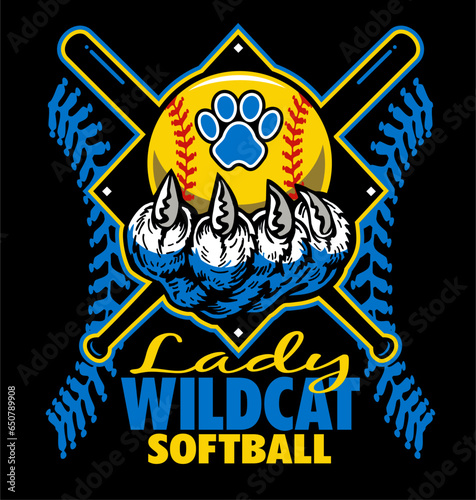 lady wildcat softball team diamond design with claw holding ball for school, college or league sports