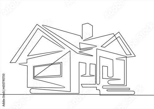 The house is drawn by one black line on a white background. Continuous line drawing. Vector illustration
