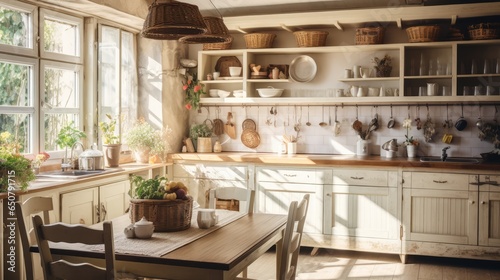 Interior of kitchen in rustic style. White furniture and wooden decor in bright cottage indoor.