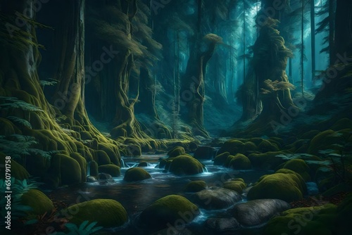 Dark forest landscape with fantasy world.
